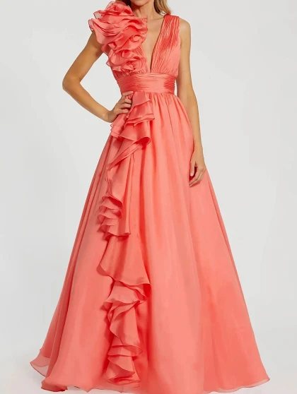 Coral ruffle gown